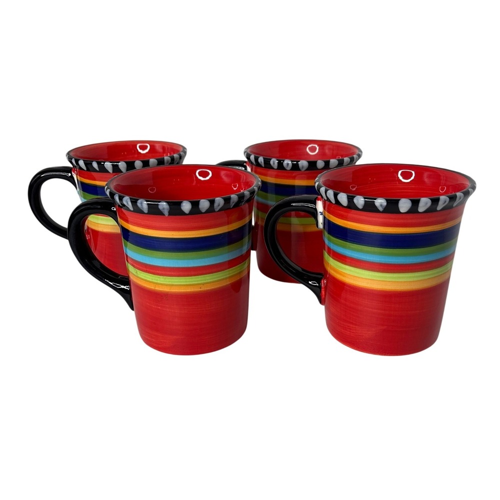 Gibson Elite Pueblo Springs Mug Set 4 Red Multicolor Striped Excellent 14oz